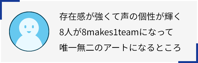 存在感が強くて声の個性が輝く8人が8makes1teamになって唯一無二のアートになるところ