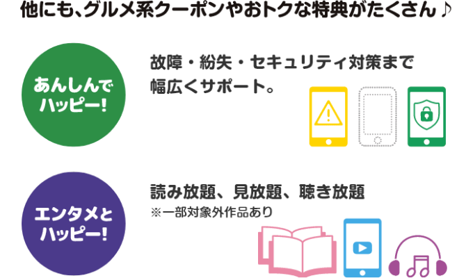 他にも、グルメ系クーポンやおトクな特典がたくさん♪【あんしんでハッピー！】故障・紛失・セキュリティ対策まで幅広くサポート。【エンタメとハッピー！】読み放題、見放題、聴き放題※一部対象外作品あり