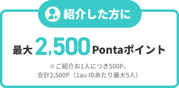 紹介した方に最大2,500Pontaポイント※ご紹介お1人につき500P、合計2,500P（1au IDあたり最大5人）